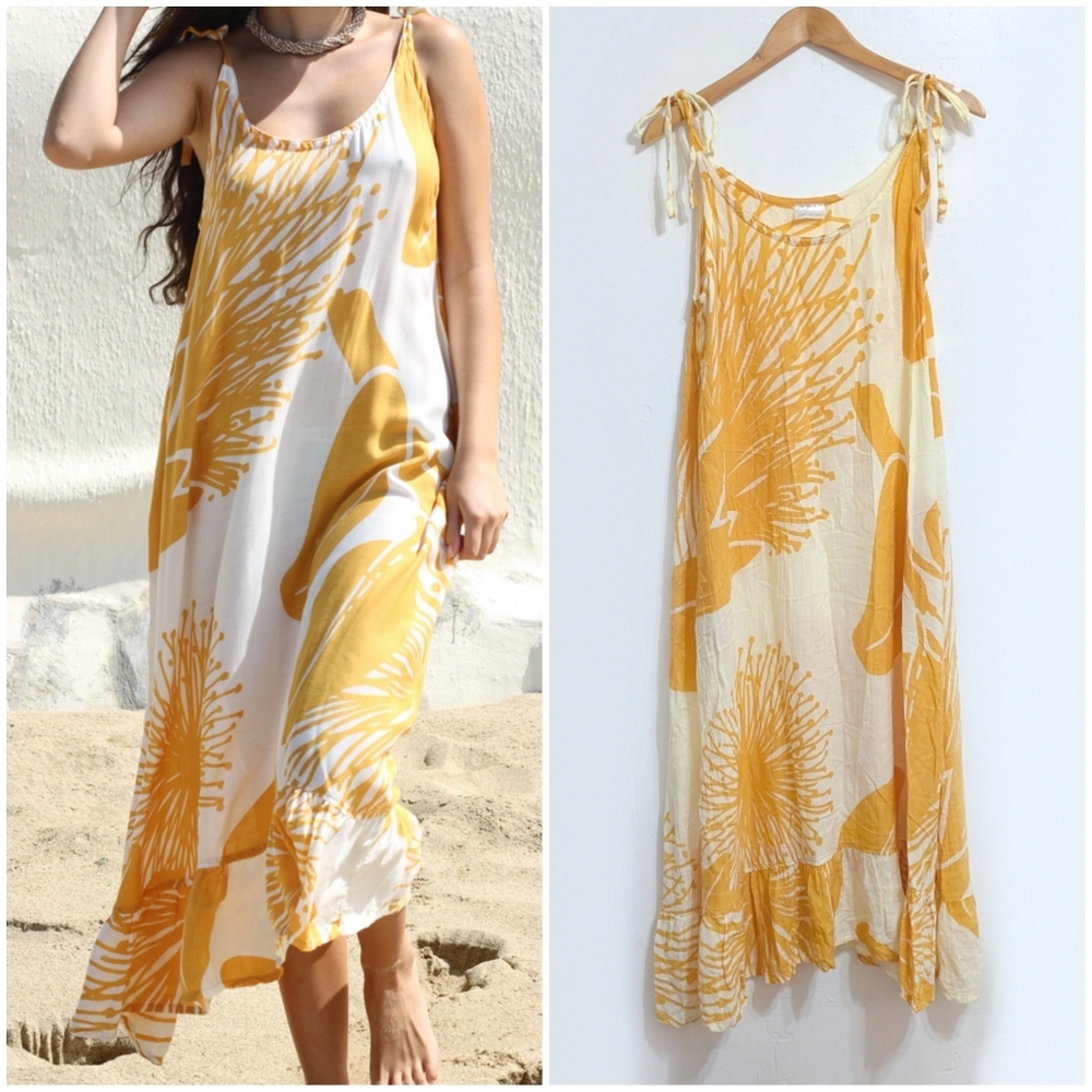 Lotus+Lime Suki Dress Ohia Lehua Floral Flower Yellow One Size Midi Maxi
